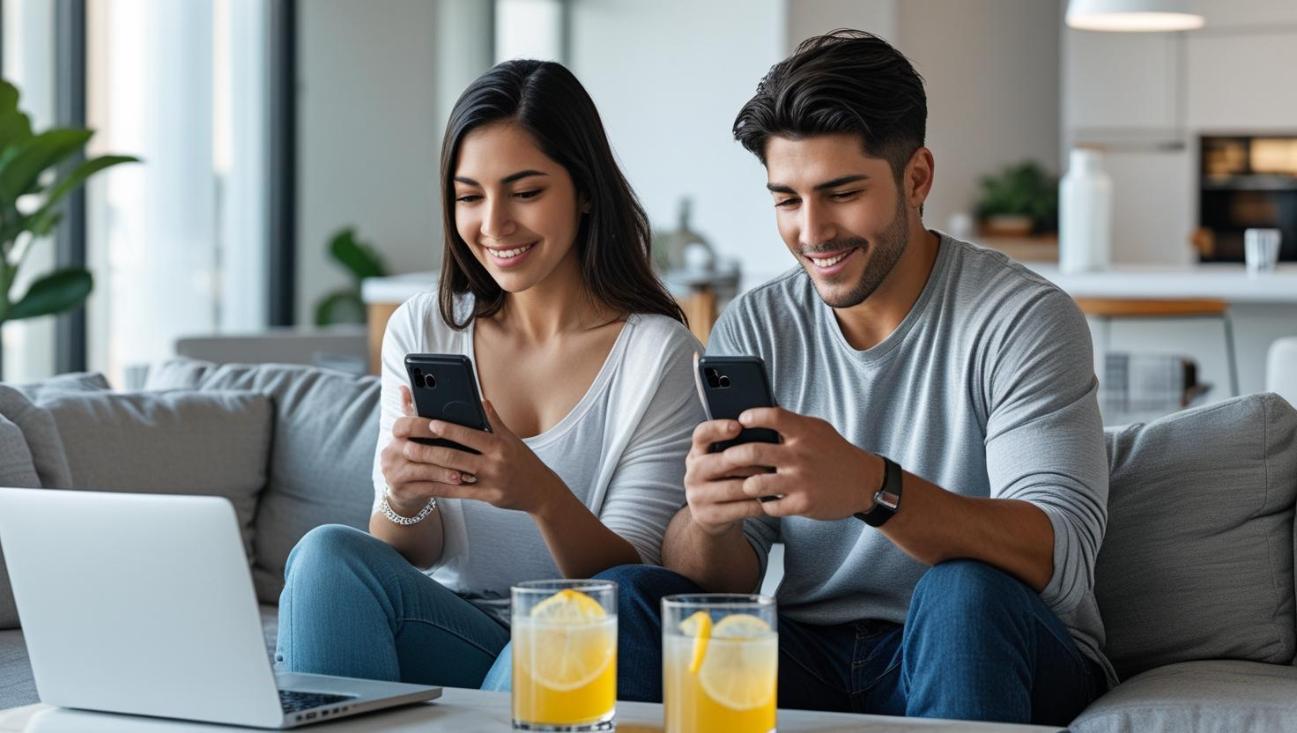 Young adults playing mobile casino games on smartphones in a modern indoor setting.