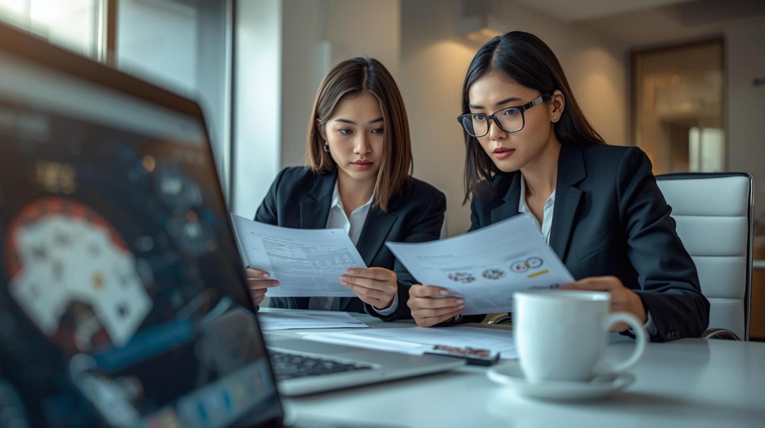 Business professionals reviewing reports with blurred online casino interface on laptop.