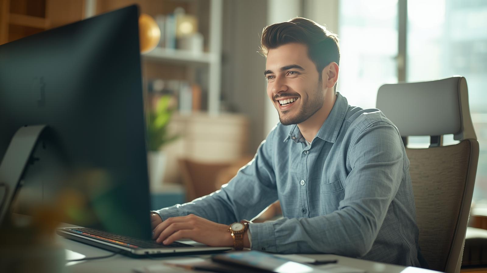 Happy man celebrating online casino win on laptop in bright cozy home.