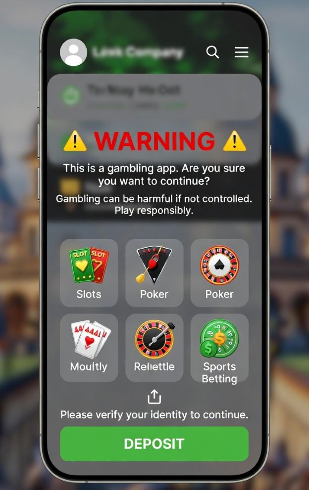 gambling app interface with blurred company details and warning icons.