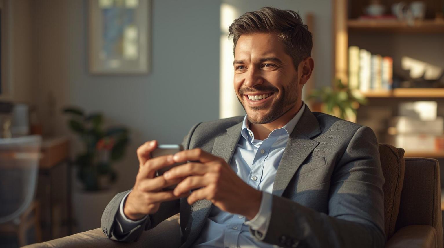 Businessman enjoying online casino game in bright, modern, and cheerful office setting.